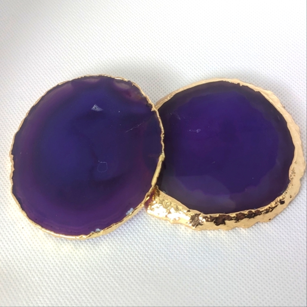 Set of 2 Purple Agate crystal coasters with gold trim
